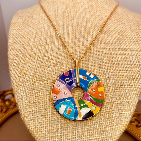 18K Gold Titanium Enamel Positano Village Medallion Pendant Dainty Necklace - Picture 3 of 9